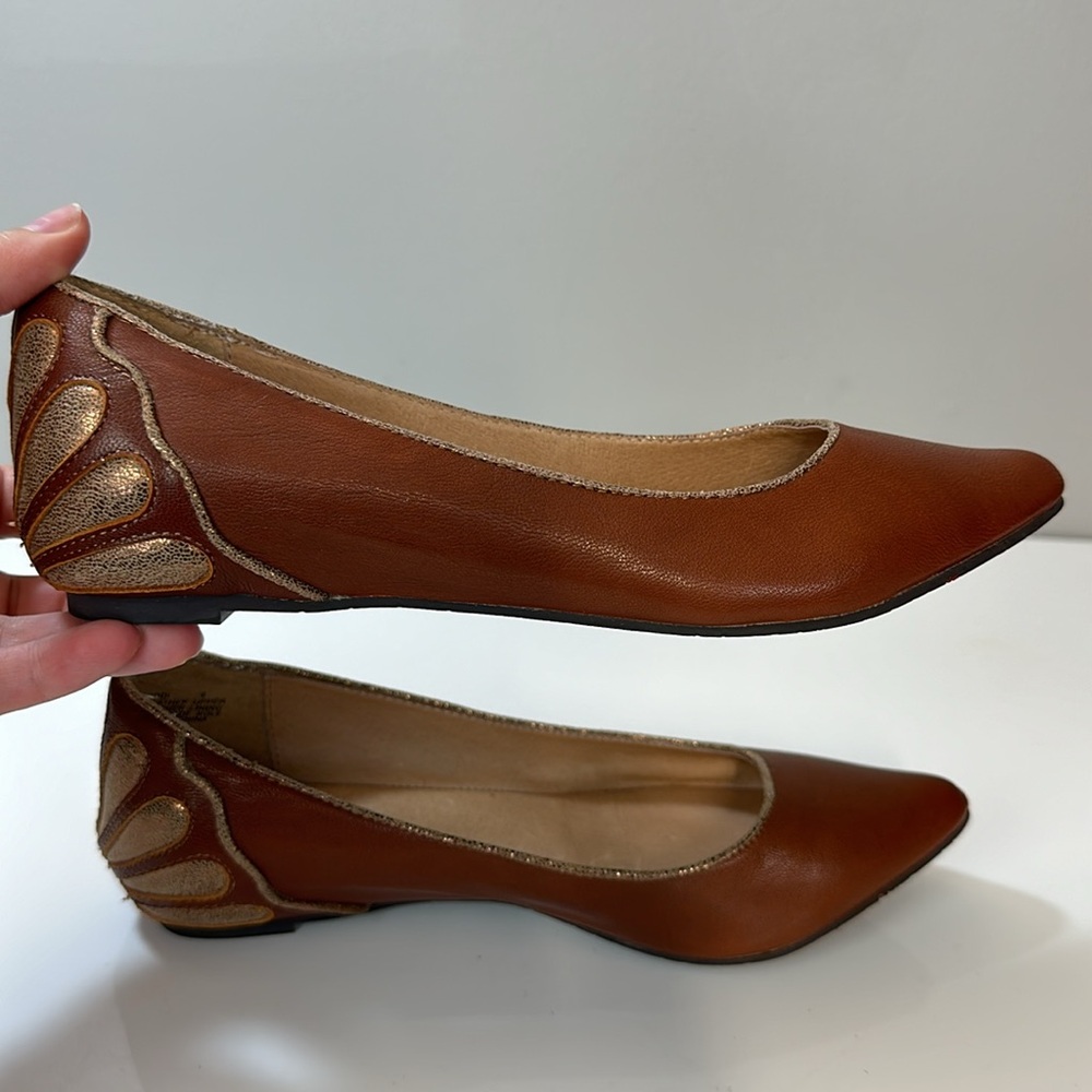 Miz Mooz Chestnut Leather Pointed-Toe Flats with Gold Heel Detail - Picture 14 of 16